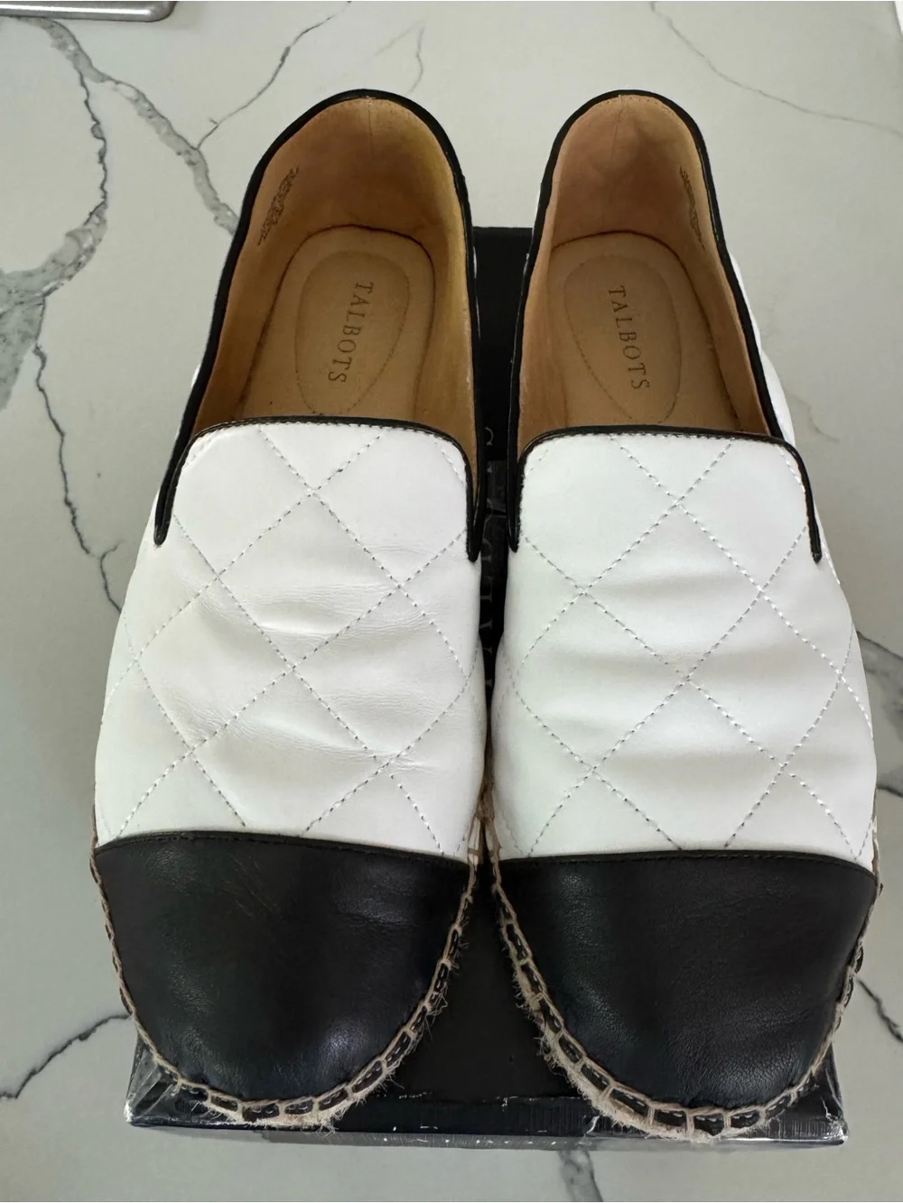 Talbots White Quilted Leather Espadrilles with Black Cap Toe